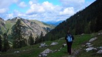 Beccy in Alpine meadow above Pasill Alm